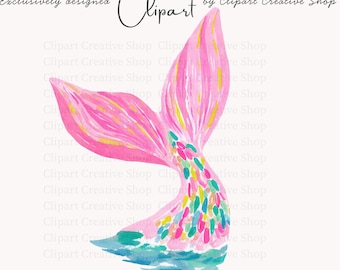 Preppy Mermaid Tail PNG Clipart, Coastal Watercolor Mermaid Art, Pink Ocean Sublimation Graphic, Tropical Summer Clipart, Commercial Use