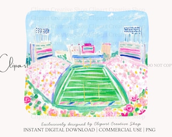 Preppy Football Stadium PNG Clipart, Painterly Watercolor College Football Field png, Floral Game Day Scene, Football Mom PNG