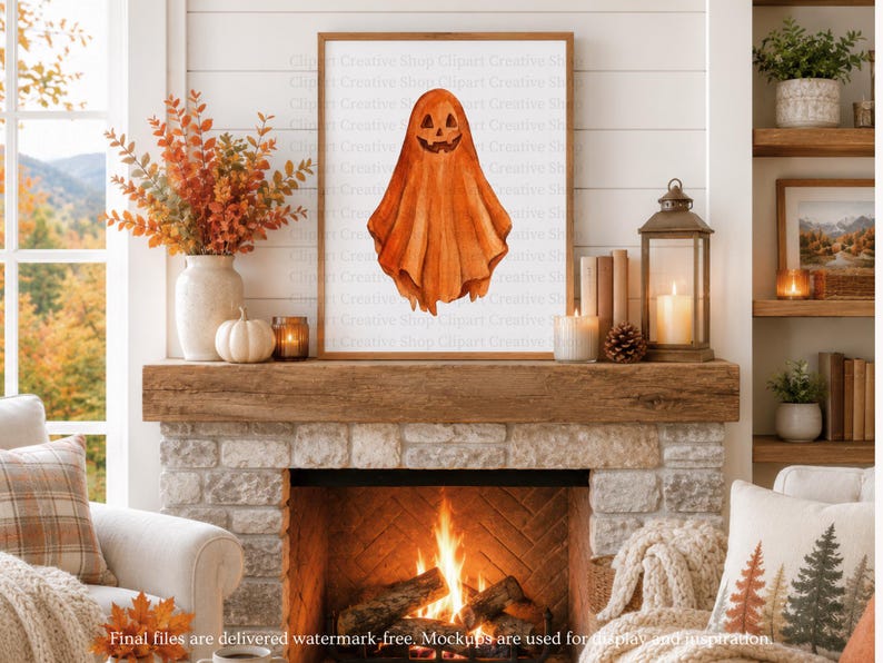 Puede incluir: Una l&aacute;mina de arte enmarcada con una ilustraci&oacute;n en acuarela de un fantasma con cabeza de calabaza tallada. El fantasma es de color naranja con una cara de calabaza sonriente y textura de tela drapeada, centrado en un marco de madera sencillo.
