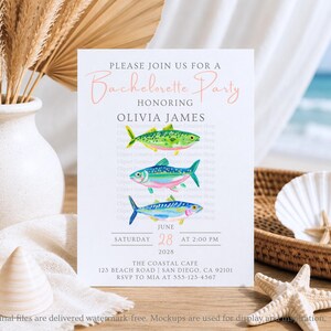 May include: A white invitation card with the text "Please Join Us For A Bachelorette Party Honoring Olivia James". The card features watercolor illustrations of three colorful fish. The date is June 28, 2025, at 2:00 PM.