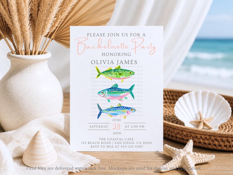 May include: A white invitation card with the text "Please Join Us For A Bachelorette Party Honoring Olivia James". The card features watercolor illustrations of three colorful fish. The date is June 28, 2025, at 2:00 PM.