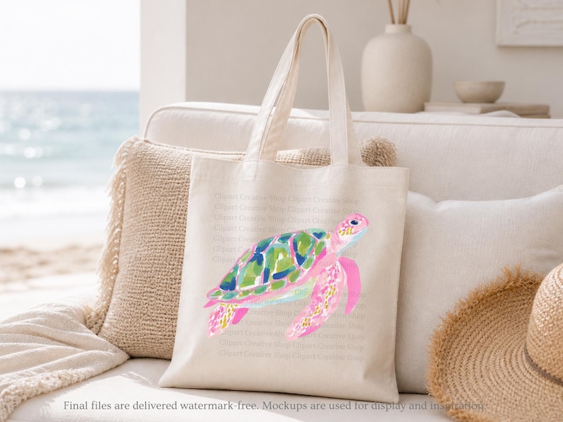 May include: A cream tote bag with a watercolour sea turtle design. The turtle has a pink head and flippers, a green and blue shell, and is set against a beach scene. The bag has long handles.