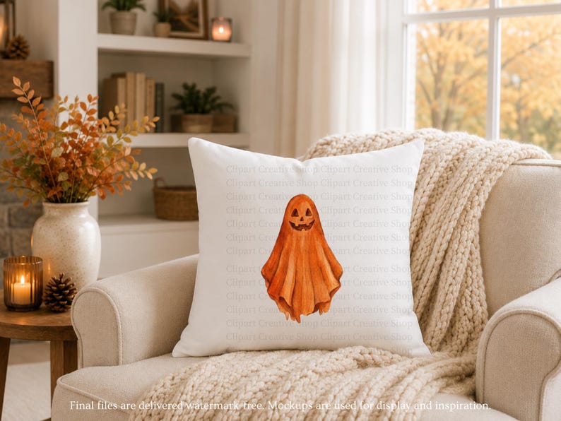 Puede incluir: Un coj&iacute;n decorativo cuadrado de color blanco con una ilustraci&oacute;n central en acuarela de un fantasma naranja con una cara de calabaza tallada. El fantasma tiene un aspecto drapeado y fluido con texturas de pinceladas en naranja calabaza.