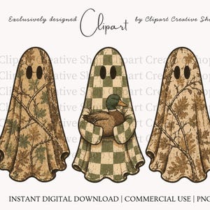 May include: Three ghost illustrations featuring dark outlines and oval eyes. The left and right ghosts have a brown and green camouflage leaf pattern. The center ghost has a green and white checkered pattern and holds a brown mallard duck.