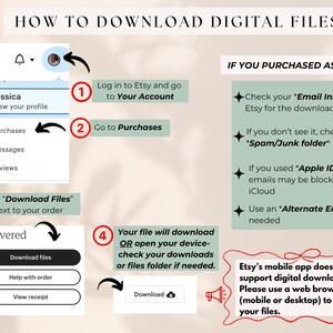 May include: A guide on how to download digital files from Etsy. The image shows step-by-step instructions, including logging into your account, going to purchases, and clicking "Download Files." Additional information is provided for guest purchases.