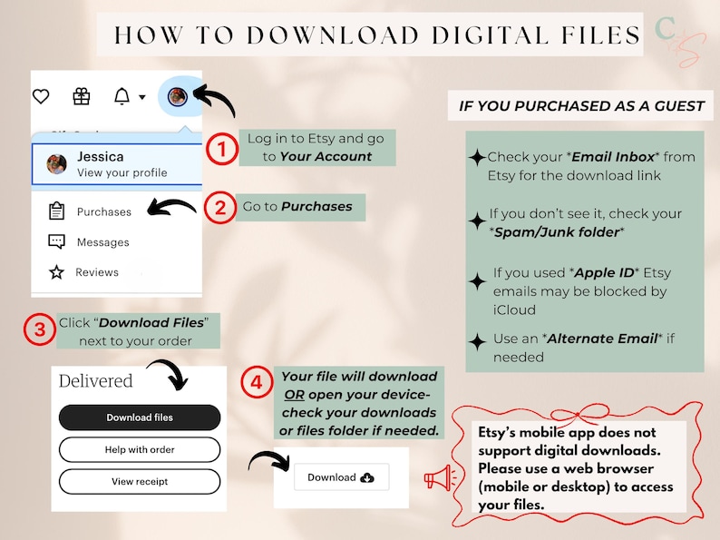 May include: A guide on how to download digital files from Etsy. The image shows step-by-step instructions, including logging into your account, going to purchases, and clicking "Download Files." Additional information is provided for guest purchases.