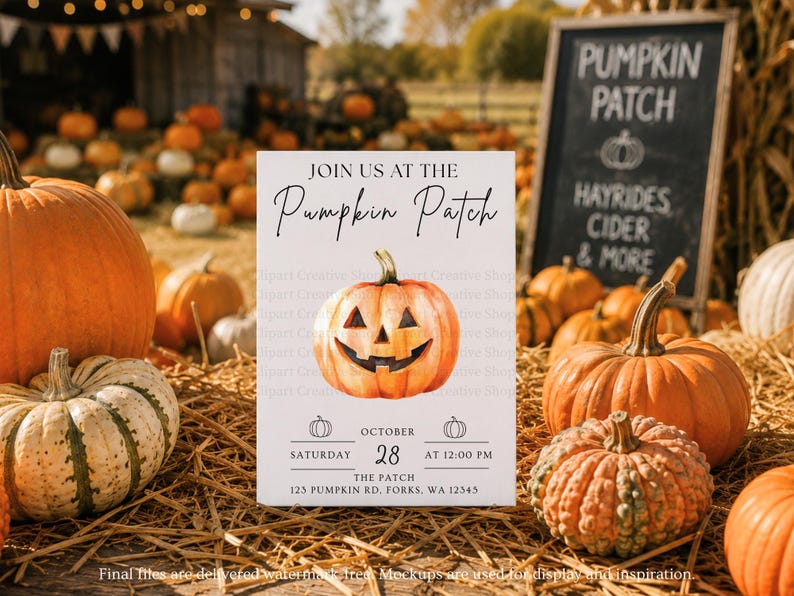 May include: A white rectangular invitation card featuring a central orange jack-o'-lantern illustration. The text reads: JOIN US AT THE Pumpkin Patch, SATURDAY OCTOBER 28 AT 12:00 PM, THE PATCH, 123 PUMPKIN RD, FORKS, WA 12345, with small pumpkin icons.