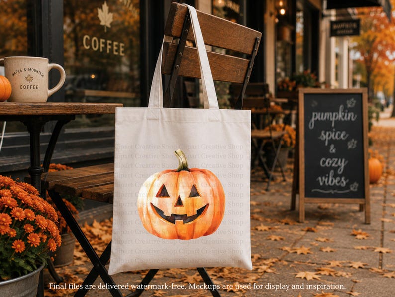 May include: A cream-colored canvas tote bag featuring a centered, vibrant orange jack-o'-lantern illustration with a carved triangular nose, eyes, and a wide, jagged grin. The pumpkin has a green stem and is rendered in a watercolor-style aesthetic.