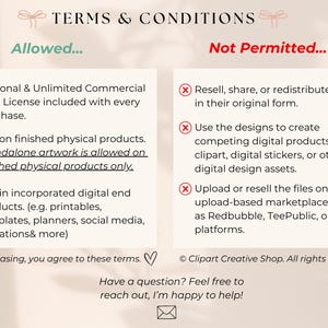 K&ouml;nnte beinhalten: Eine beige Informationstafel mit der &Uuml;berschrift TERMS & CONDITIONS in zwei Spalten. Die linke Spalte listet erlaubte Nutzungen mit gr&uuml;nen H&auml;kchen auf, die rechte Spalte listet verbotene Nutzungen mit roten Kreuzen auf. Der Text beschreibt Lizenzen f&uuml;r den pers&ouml;nlichen und kommerziellen Gebrauch, einschlie&szlig;lich Einschr&auml;nkungen beim Weiterverkauf von Dateien oder der Erstellung konkurrierender digitaler Produkte.