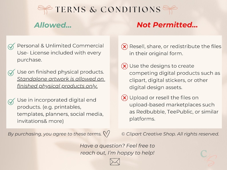 K&ouml;nnte beinhalten: Eine beige Informationstafel mit der &Uuml;berschrift TERMS & CONDITIONS in zwei Spalten. Die linke Spalte listet erlaubte Nutzungen mit gr&uuml;nen H&auml;kchen auf, die rechte Spalte listet verbotene Nutzungen mit roten Kreuzen auf. Der Text beschreibt Lizenzen f&uuml;r den pers&ouml;nlichen und kommerziellen Gebrauch, einschlie&szlig;lich Einschr&auml;nkungen beim Weiterverkauf von Dateien oder der Erstellung konkurrierender digitaler Produkte.