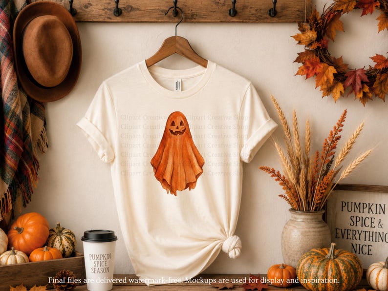 Puede incluir: Una camiseta de manga corta de color crema con una ilustraci&oacute;n central estilo acuarela de un fantasma naranja con una cara de calabaza tallada. La camiseta tiene cuello redondo y se muestra en una percha de madera sobre una pared.