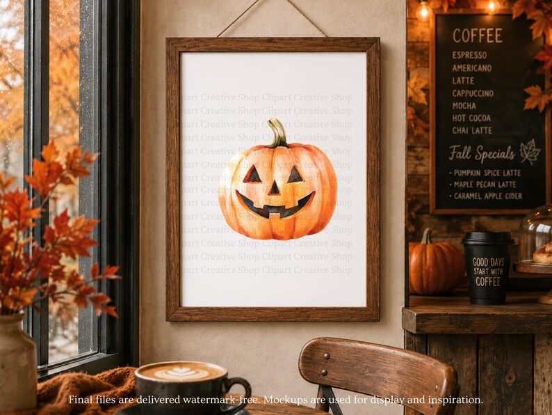 May include: A framed wall art print featuring a watercolor illustration of an orange jack-o'-lantern pumpkin with a carved face. The artwork is displayed in a dark brown wooden frame hanging on a wall, showcasing a festive autumn theme.