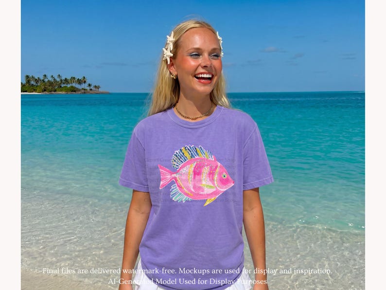 K&ouml;nnte beinhalten: Ein lavendelfarbenes Kurzarm-T-Shirt mit einem Grafikdruck eines rosa Fisches mit gelben und blauen Flossendetails. Die Fischillustration ist mittig auf der Brust platziert. Das Kleidungsst&uuml;ck hat einen Rundhalsausschnitt und eine Standardpassform.