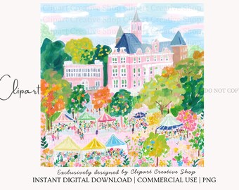 Preppy College Campus PNG Clipart, Painterly Watercolor University Scene, Campus Buildings png, Back to School College Town Illustration