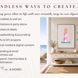 K&ouml;nnte beinhalten: Das Bild zeigt einen gerahmten Aquarelldruck eines Leuchtturms mit rosa und wei&szlig;en Streifen. Der Text lautet "ENDLESS WAYS TO CREATE..." und listet verschiedene Anwendungen f&uuml;r Cliparts auf, darunter Druckvorlagen, Einladungen, Aufkleber, Scrapbooking, Geschenke, soziale Medien, Branding und Bekleidung.