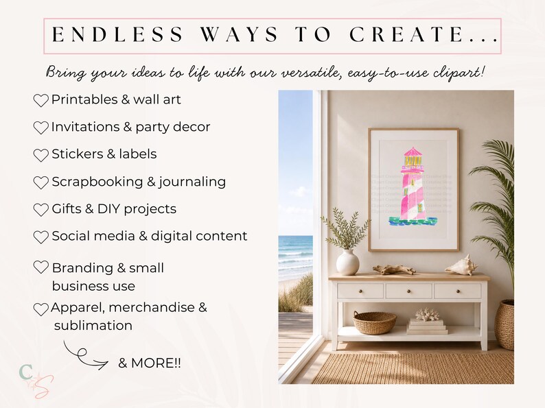 K&ouml;nnte beinhalten: Das Bild zeigt einen gerahmten Aquarelldruck eines Leuchtturms mit rosa und wei&szlig;en Streifen. Der Text lautet "ENDLESS WAYS TO CREATE..." und listet verschiedene Anwendungen f&uuml;r Cliparts auf, darunter Druckvorlagen, Einladungen, Aufkleber, Scrapbooking, Geschenke, soziale Medien, Branding und Bekleidung.