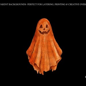 Puede incluir: Una ilustraci&oacute;n estilo acuarela de un fantasma cubierto con una s&aacute;bana de tela naranja con una cara de calabaza tallada con ojos triangulares y boca dentada. El texto en la parte superior dice: TRANSPARENT BACKGROUNDS- PERFECT FOR LAYERING, PRINTING & CREATIVE OVERLAYS.