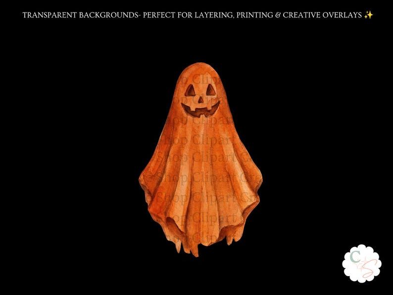 Puede incluir: Una ilustraci&oacute;n estilo acuarela de un fantasma cubierto con una s&aacute;bana de tela naranja con una cara de calabaza tallada con ojos triangulares y boca dentada. El texto en la parte superior dice: TRANSPARENT BACKGROUNDS- PERFECT FOR LAYERING, PRINTING & CREATIVE OVERLAYS.