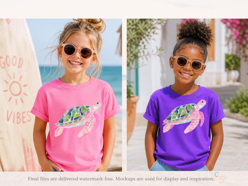 May include: Two young girls wearing sunglasses and t-shirts with a watercolour sea turtle design. One shirt is pink, the other is purple. A surfboard with the words "GOOD VIBES" is in the background.