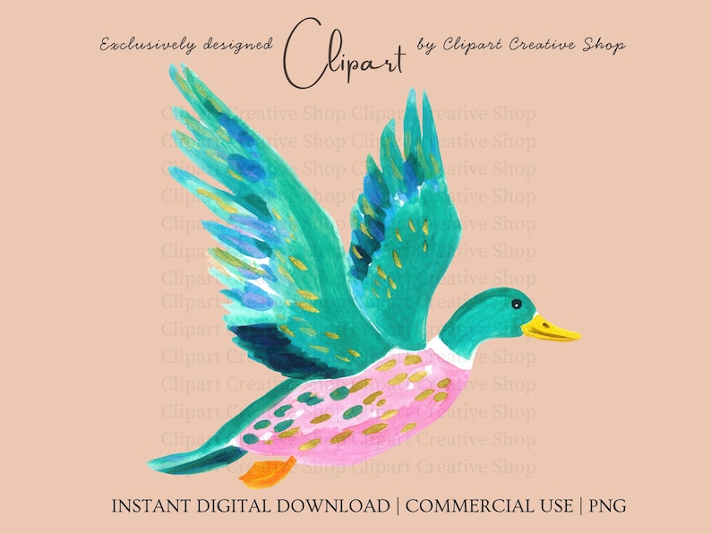 Op de afbeelding: Een aquarelillustratie van een vliegende eend met groenblauwe vleugels, een roze lichaam met groene en gouden stippen en een gele snavel. De tekst luidt Exclusively designed Clipart by Clipart Creative Shop, INSTANT DIGITAL DOWNLOAD | COMMERCIAL USE | PNG.