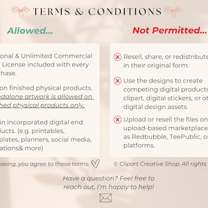 May include: Terms and Conditions document with text in black and green on a cream background. The text outlines what is allowed and not allowed when purchasing digital artwork. The document includes the text "Personal & Unlimited Commercial Use" and "Use on finished physical products."