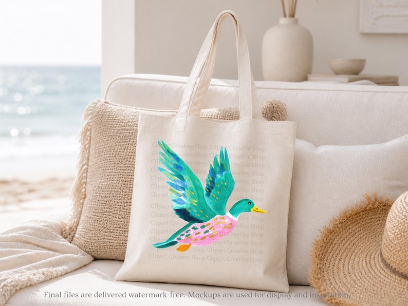 Op de afbeelding: Een cr&egrave;mekleurige canvas draagtas met een levendige aquarelillustratie van een vliegende wilde eend. De eend heeft heldere groenblauwe vleugels met gouden accenten, een groene kop, een gele snavel en een roze lichaam met oranje markeringen.