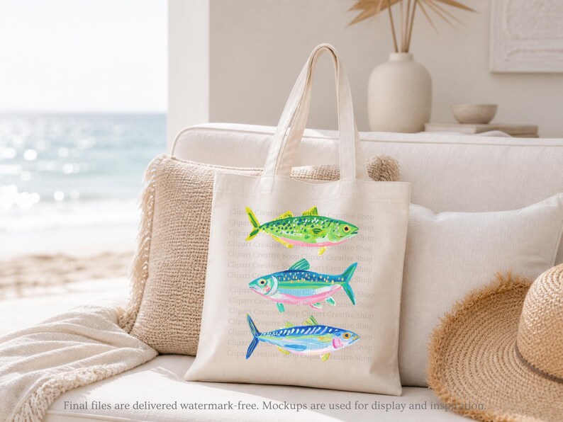 May include: A beige tote bag featuring three colorful watercolor fish illustrations. The fish are green, blue, and blue with pink accents. The bag is on a white couch with pillows and a straw hat.