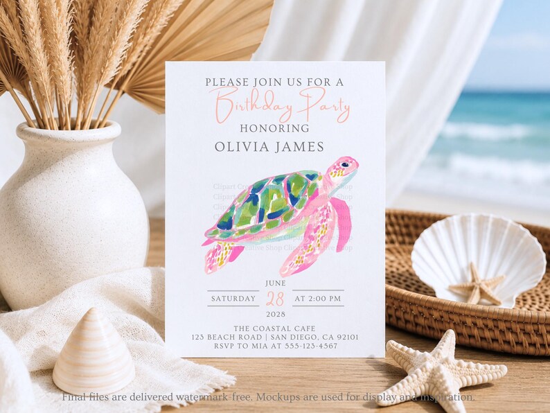 May include: A birthday party invitation with a watercolour sea turtle design in pink, green, and blue. The invitation text reads "Please join us for a Birthday Party honouring Olivia James" with event details. The invitation is set on a beach background.