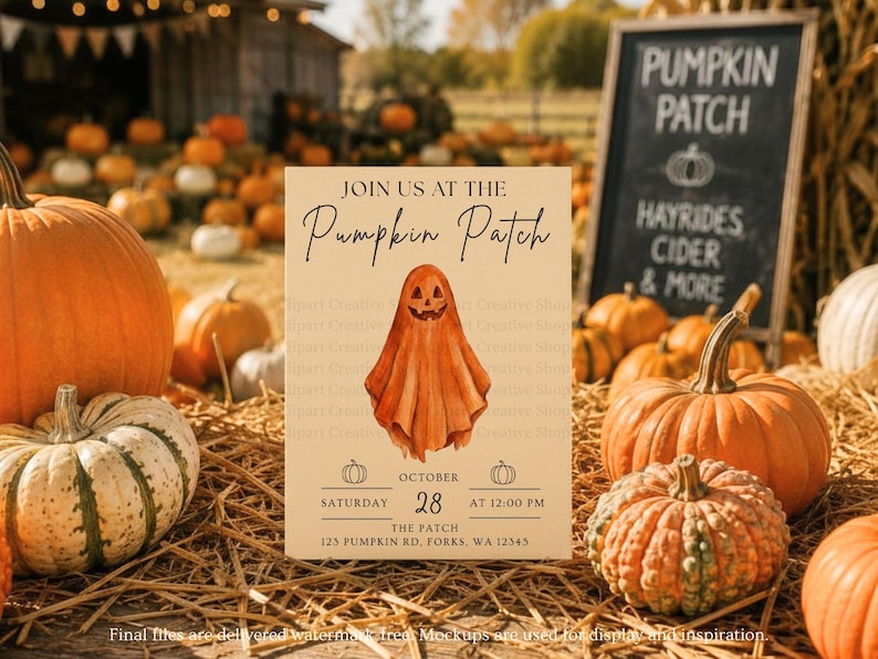 Puede incluir: Una tarjeta de invitaci&oacute;n rectangular con fondo color canela claro y una ilustraci&oacute;n en acuarela de un fantasma naranja. El texto dice: JOIN US AT THE Pumpkin Patch, OCTOBER 28, SATURDAY AT 12:00 PM, THE PATCH, 123 PUMPKIN RD, FORKS, WA 12345.