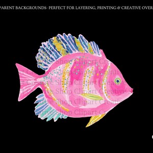 K&ouml;nnte beinhalten: Eine digitale Illustration eines rosa Fisches mit gelben und blauen Akzenten an den Flossen und am K&ouml;rper. Der Fisch hat einen strukturierten, malerischen Stil mit sichtbaren Pinselstrichen. Der Text oben lautet: TRANSPARENT BACKGROUNDS- PERFECT FOR LAYERING, PRINTING & CREATIVE OVERLAYS.