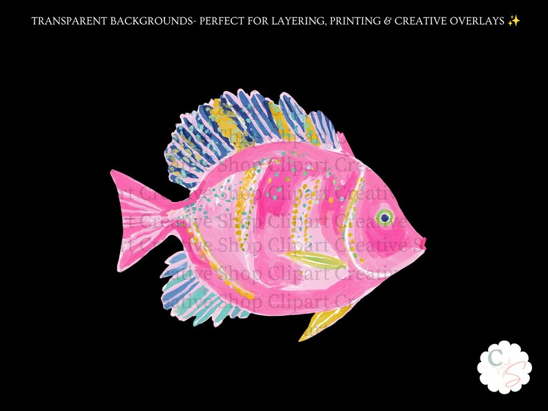 K&ouml;nnte beinhalten: Eine digitale Illustration eines rosa Fisches mit gelben und blauen Akzenten an den Flossen und am K&ouml;rper. Der Fisch hat einen strukturierten, malerischen Stil mit sichtbaren Pinselstrichen. Der Text oben lautet: TRANSPARENT BACKGROUNDS- PERFECT FOR LAYERING, PRINTING & CREATIVE OVERLAYS.