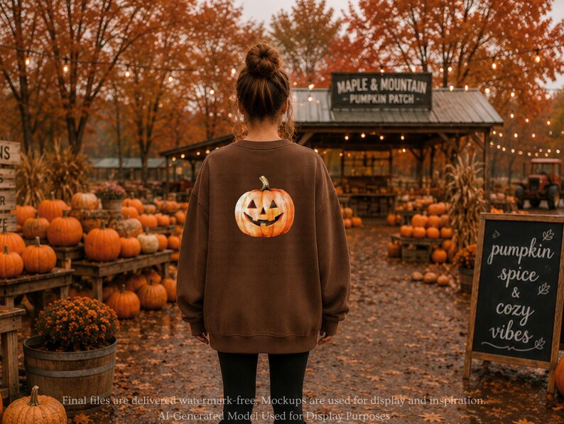 May include: A brown crewneck sweatshirt featuring a graphic of a carved jack-o'-lantern pumpkin on the back. The sweatshirt is worn over black leggings, with the pumpkin design centered on the upper back area of the garment.