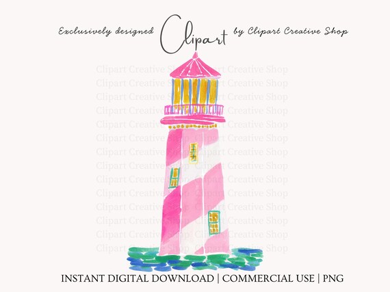 Preppy Lighthouse PNG Clipart, Coastal Watercolor Lighthouse Art, Pink Nautical Ocean Graphic, Beach House Clipart, Digital Download