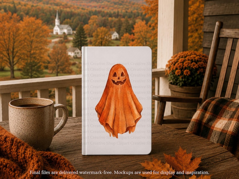 Puede incluir: Un cuaderno blanco con una ilustraci&oacute;n en acuarela de un fantasma naranja con una cara de calabaza tallada. El fantasma tiene una cabeza puntiaguda y pliegues de tela drapeados, centrados en la portada del diario rectangular encuadernado.