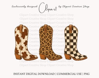 Western Cowgirl Boots PNG Trio, Retro Vintage Cowhide Leopard Checkered Cowboy Boot Clipart, Ranch Western Graphic, Trendy Rodeo Design png