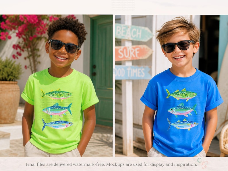 May include: Two children wearing sunglasses and t-shirts with fish designs. One child wears a lime green shirt, the other a blue shirt. The shirts feature three colorful fish illustrations. The background includes beach-themed signage.