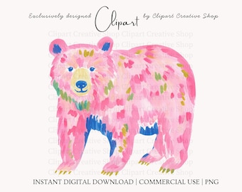 Preppy Bear PNG Clipart, Colorful Brushstroke Painterly Watercolor Woodland Bear png, Forest Woodland Wildlife Animal png, Sublimation png