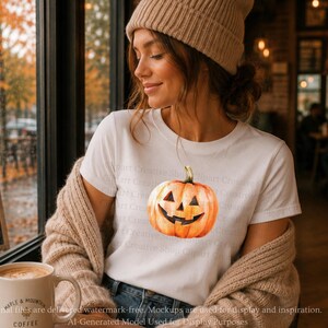 May include: A white short-sleeved t-shirt featuring a central graphic of an orange jack-o'-lantern pumpkin with a carved face. The shirt is worn with a beige knit cardigan and a matching beige beanie, creating a layered look for the autumn season.