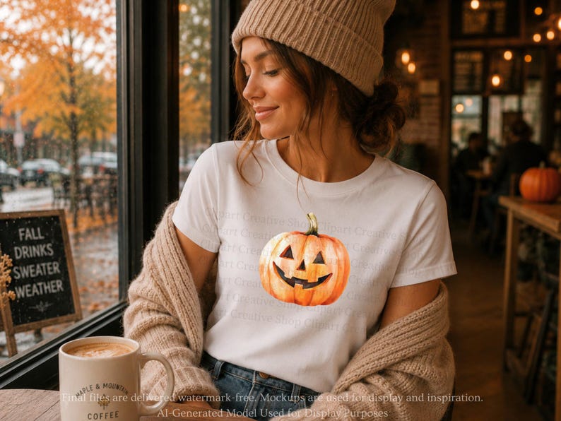 May include: A white short-sleeved t-shirt featuring a central graphic of an orange jack-o'-lantern pumpkin with a carved face. The shirt is worn with a beige knit cardigan and a matching beige beanie, creating a layered look for the autumn season.