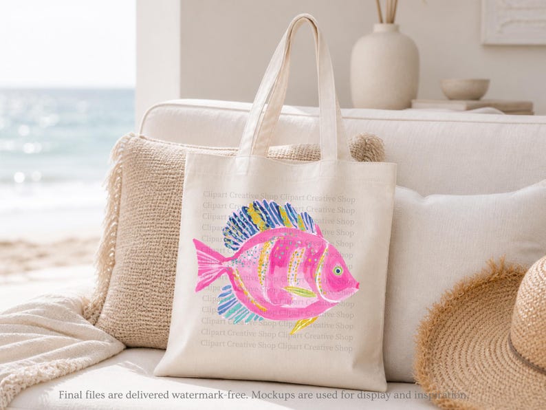 K&ouml;nnte beinhalten: Eine cremefarbene Canvas-Tragetasche mit einer lebendigen Aquarellillustration eines tropischen Fisches. Der Fisch ist haupts&auml;chlich leuchtend rosa mit gelb-blau gestreiften Flossen und einem gelben Schwanz. Die Tasche hat zwei stabile Tragegriffe.