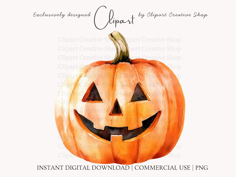 May include: A watercolor illustration of a carved orange jack-o'-lantern pumpkin with a brown stem. The pumpkin features triangular eyes, a triangular nose, and a wide, jagged, smiling mouth. Text at the top reads Exclusively designed Clipart by Clipart Creative Shop.