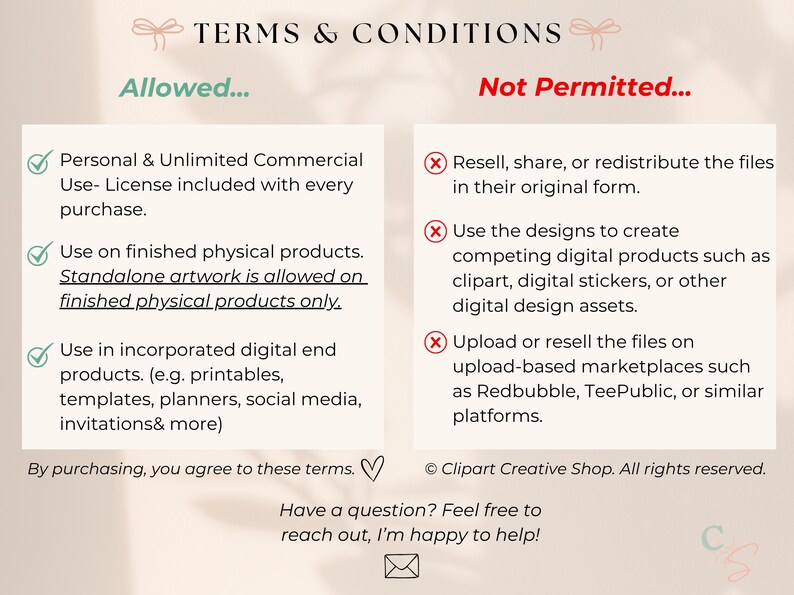 May include: A document detailing terms and conditions, with text in black and green on a cream background. The text specifies permitted and prohibited uses of digital artwork. Key phrases include "Personal & Unlimited Commercial Use" and "Use on finished physical products."
