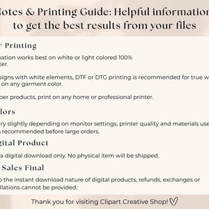K&ouml;nnte beinhalten: Ein beiges Dokument mit dem Titel &bdquo;Notes & Printing Guide&ldquo;, das Informationen zu Druck, Farben und digitalen Produkten enth&auml;lt. Der Leitfaden empfiehlt Sublimation auf Polyester und DTF/DTG-Druck f&uuml;r wei&szlig;e Elemente. Es wird auch angegeben, dass alle Verk&auml;ufe endg&uuml;ltig sind.