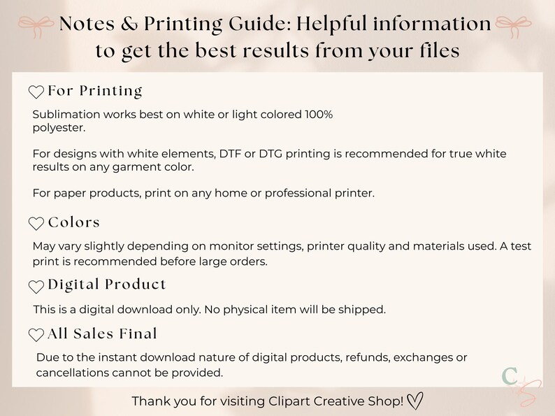 K&ouml;nnte beinhalten: Ein beiges Dokument mit dem Titel &bdquo;Notes & Printing Guide&ldquo;, das Informationen zu Druck, Farben und digitalen Produkten enth&auml;lt. Der Leitfaden empfiehlt Sublimation auf Polyester und DTF/DTG-Druck f&uuml;r wei&szlig;e Elemente. Es wird auch angegeben, dass alle Verk&auml;ufe endg&uuml;ltig sind.