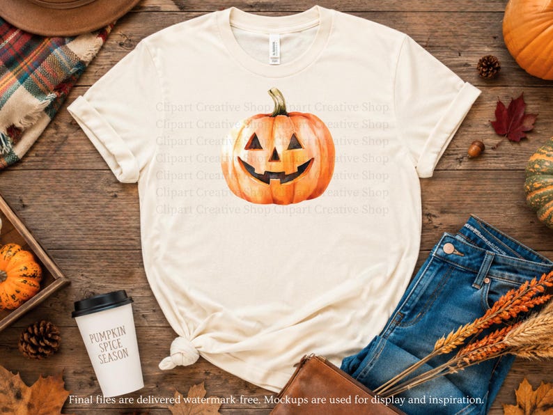 May include: A cream-colored short-sleeve t-shirt featuring a central graphic of an orange jack-o'-lantern pumpkin with a carved smiling face. The shirt has a crew neckline and is displayed flat, showcasing the pumpkin illustration clearly.