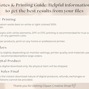 May include: A beige document with text titled "Notes & Printing Guide" providing information on printing, colors, and digital products. The guide recommends sublimation on polyester and DTF/DTG printing for white elements. It also states that all sales are final.