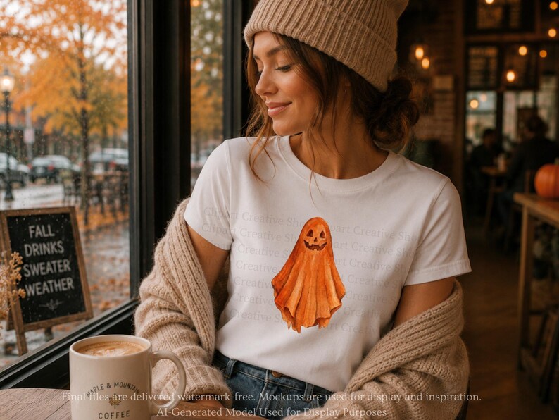 Puede incluir: Una camiseta blanca de manga corta con una ilustraci&oacute;n central estilo acuarela de un fantasma naranja con una cara de calabaza tallada. El fantasma tiene una apariencia drapeada y fluida con texturas de pinceladas visibles en tonos naranja.
