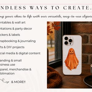 Puede incluir: Una funda de smartphone blanca con una ilustraci&oacute;n de acuarela de un fantasma naranja con cara de calabaza. La imagen incluye el texto: ENDLESS WAYS TO CREATE... Bring your ideas to life with our versatile, easy-to-use clipart! Printables, invitations, stickers, scrapbooking, gifts, social media, branding, apparel, and more.