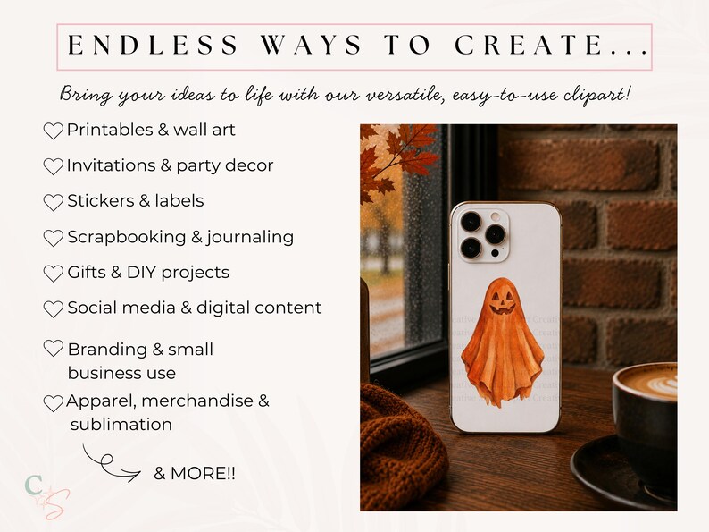Puede incluir: Una funda de smartphone blanca con una ilustraci&oacute;n de acuarela de un fantasma naranja con cara de calabaza. La imagen incluye el texto: ENDLESS WAYS TO CREATE... Bring your ideas to life with our versatile, easy-to-use clipart! Printables, invitations, stickers, scrapbooking, gifts, social media, branding, apparel, and more.