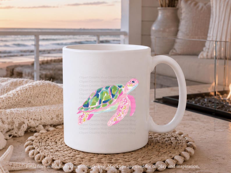 May include: A white ceramic mug with a colourful watercolour sea turtle design. The turtle has a pink head and flippers, with a green and blue shell. The mug is on a woven coaster. The text at the bottom says "Final files are delivered watermark free. Mockups are used for display and inspiration."